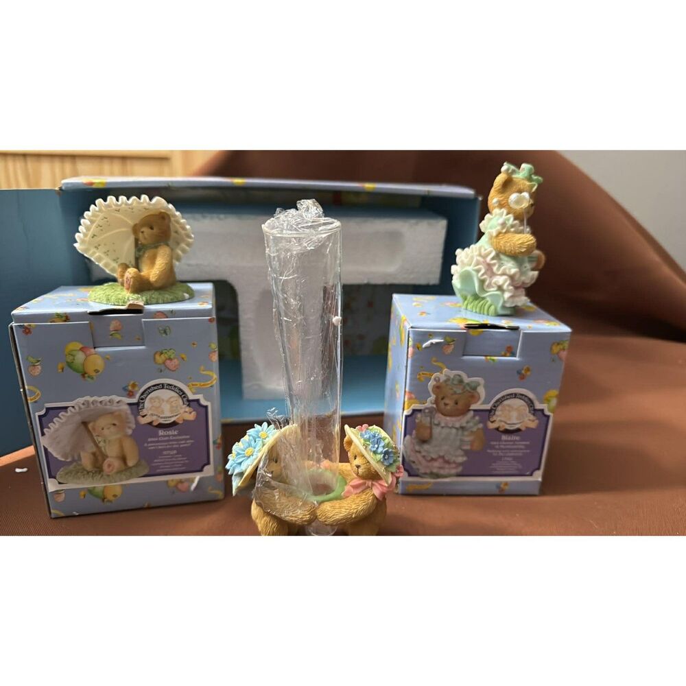 4 Piece Cherished Teddies Rosie & Blaire with vase 2004 Collector's Set in Box